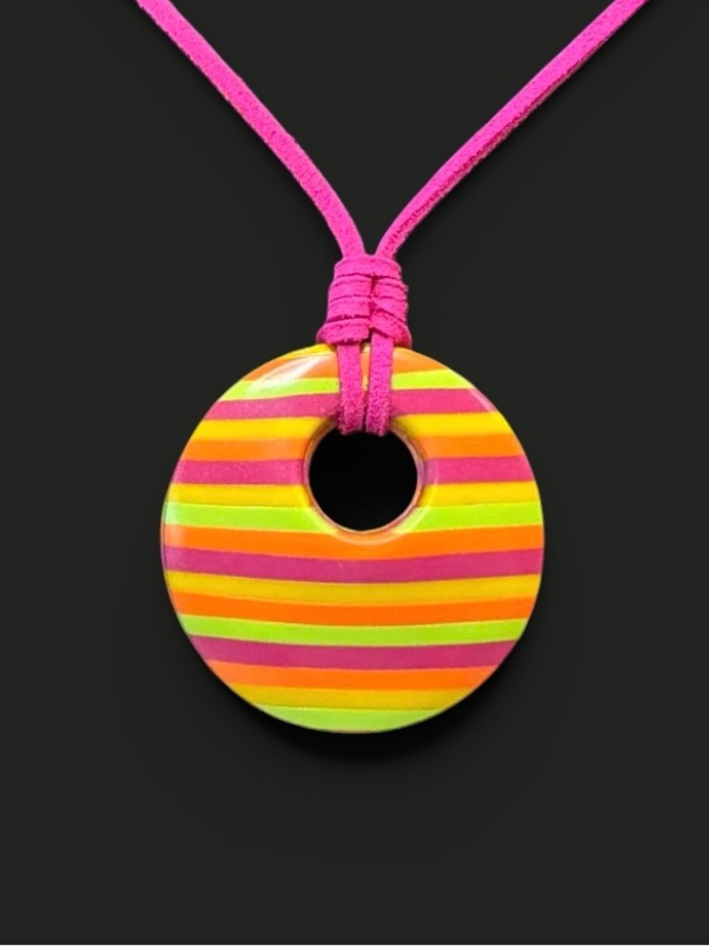 Handmade Rainbow Striped Large Round Polymer Clay Large Pendant Necklace on Cord